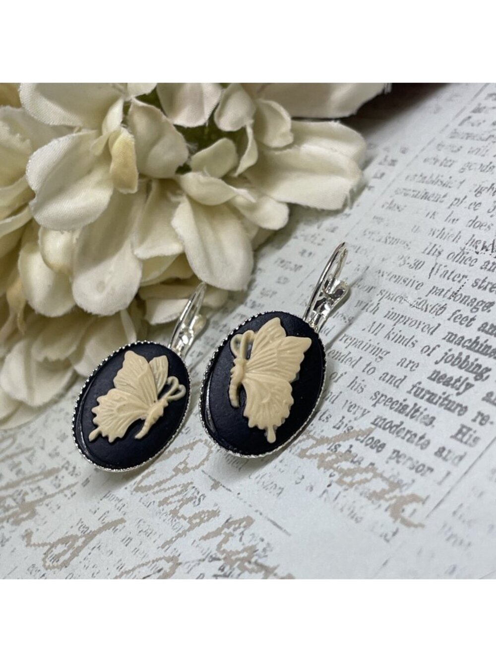 Black & Cream Butterfly Gift Cameo Silver Earrings Wedding Anniversary Wife Mom